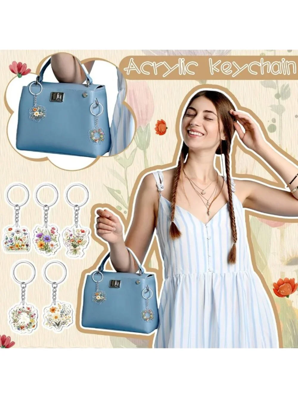 50 Pcs Floral Keychain Set | Cute Wildflower Party Favors & Purse Accessories